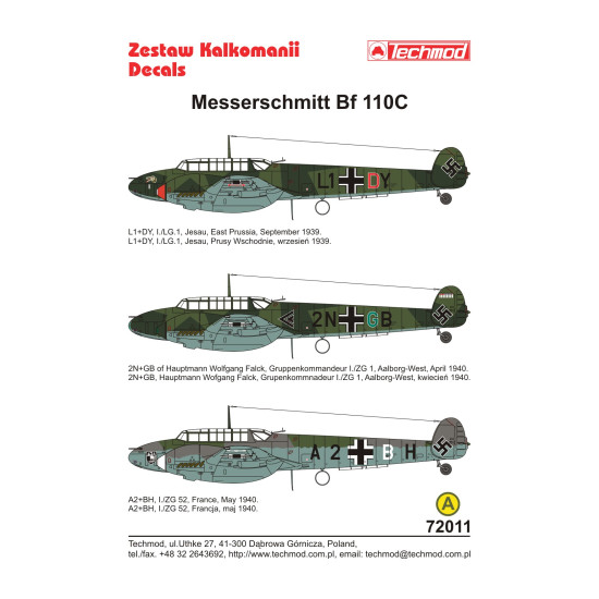 Techmod 72011 1/72 Messerschmitt Bf 110c 1939-1940 Aircraft Wet Decal Wwii