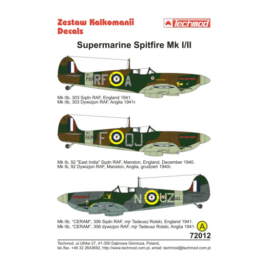 Techmod 72012 1/72 Supermarine Spitfire Mk I/Iib 1940-41 Aircraft Wet Decal Wwii