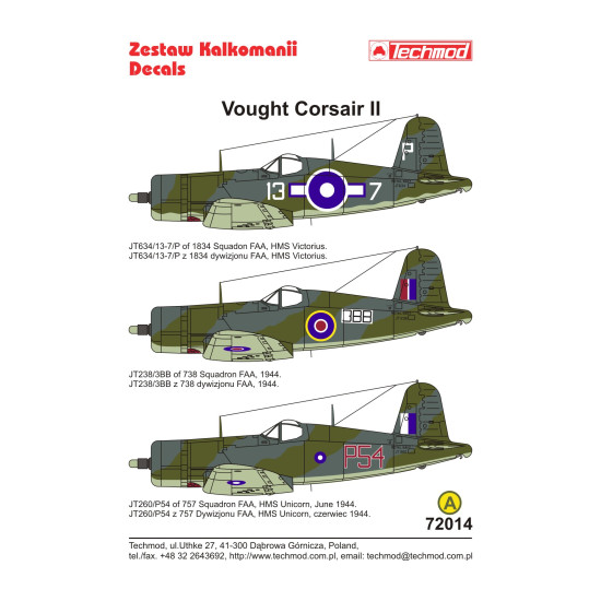 Techmod 72014 1/72 Vought Corsair Ii 1944 Aircraft Wet Decal Wwii