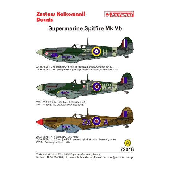 Techmod 72016 1/72 Supermarine Spitfire Mk Vb 1941-43 Aircraft Wet Decal Wwii