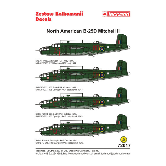 Techmod 72017 1/72 North American B-25d Mitchell Ii 1943 Aircraft Wet Decal Wwii