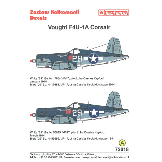 Techmod 72018 1/72 Vought F4u-1a Corsair Us Fighter Bomber 1944 Wet Decal Wwii