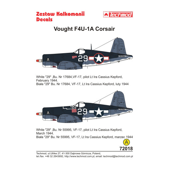 Techmod 72018 1/72 Vought F4u-1a Corsair Us Fighter Bomber 1944 Wet Decal Wwii