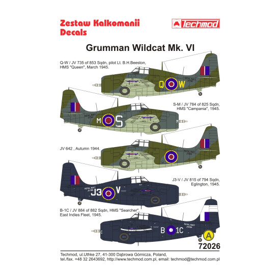 Techmod 72026 1/72 General Motors Wildcat Vi 1944-45 Aircraft Wet Decal Wwii