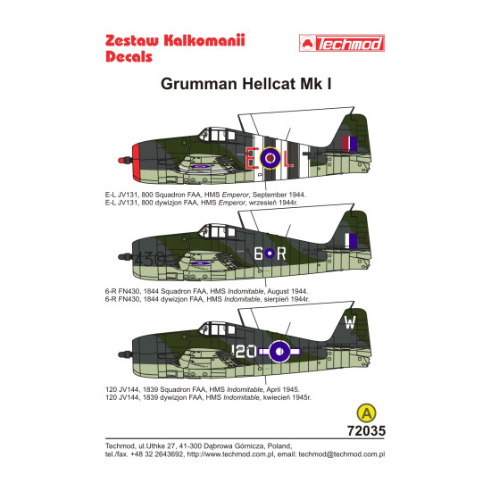 Techmod 72035 1/72 Grumman Hellcat I 1944-1945 Aircraft Wet Decal Wwii