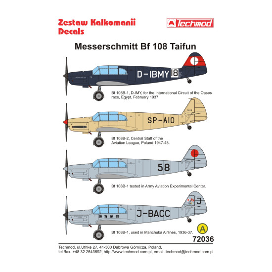 Techmod 72036 1/72 Messerschmitt Bf 108 Taifun Aircraft Wet Decal Wwii