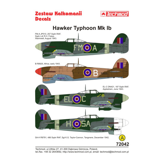 Techmod 72042 1/72 Hawker Typhoon Mk Ib 1942-1943 Aircraft Wet Decal Wwii