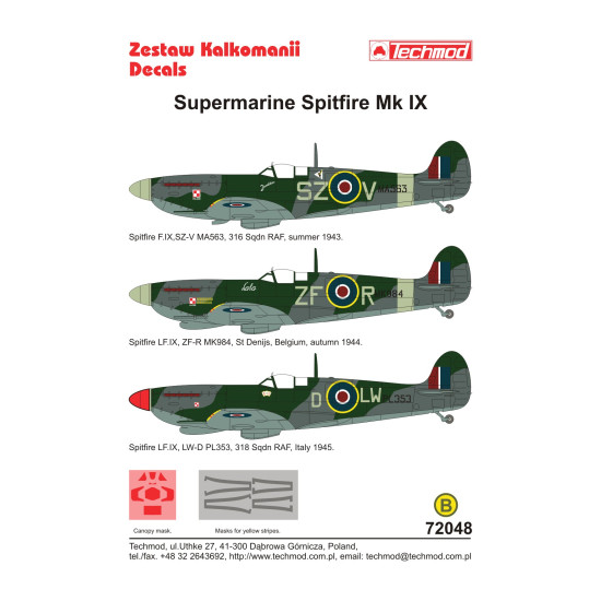 Techmod 72048 1/72 Supermarine Spitfire F.ix Polish Aircraft Wet Decal Wwii