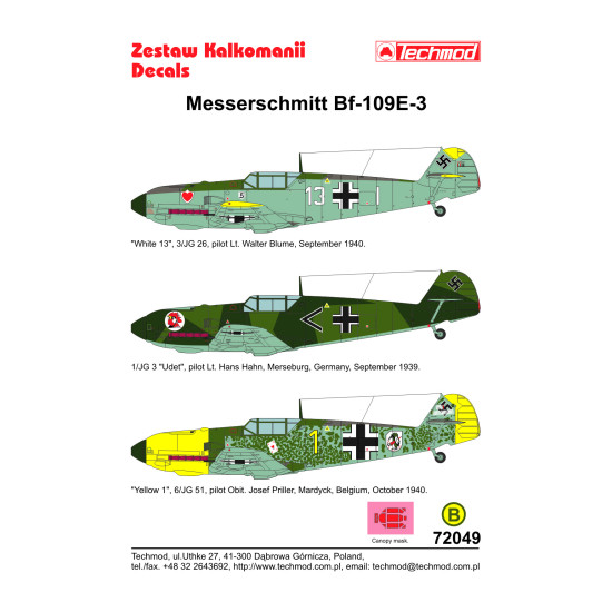 Techmod 72049 1/72 Messerschmitt Bf 109e-3 1939-1940 Aircraft Wet Decal Wwii