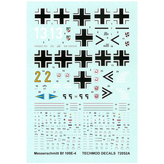 Techmod 72052 1/72 Messerschmitt Bf-109e-4 1940 Aircraft Wet Decal Wwii