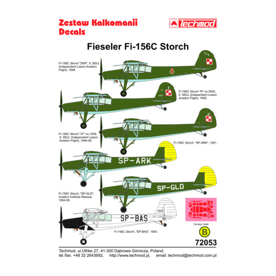 Techmod 72053 1/72 Fieseler Fi-156c Storch 1940 Aircraft Wet Decal Post-wwii W/Mask