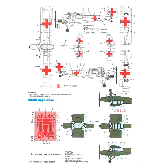 Techmod 72054 1/72 Fieseler Fi-156c Storch 1939 Aircraft Wet Decal W/Mask