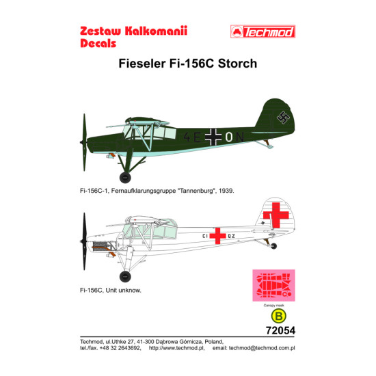 Techmod 72054 1/72 Fieseler Fi-156c Storch 1939 Aircraft Wet Decal W/Mask