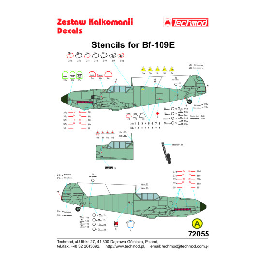 Techmod 72055 1/72 Stencils For Messerschmitt Bf-109e Aircraft Wet Decal