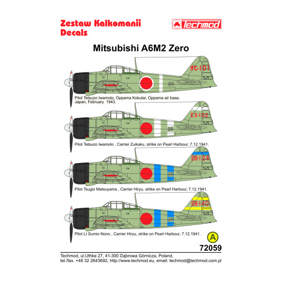 Techmod 72059 1/72 Mitsubishi A6m2 Zero Pearl Harbor 1941 Aircraft Wet Decal