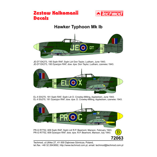 Techmod 72063 1/72 Hawker Typhoon Mk Ib British Bomber 1943 Aircraft Wet Decal