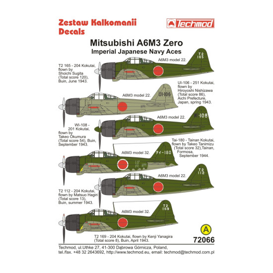 Techmod 72066 1/72 Mitsubishi A6m3 Zero Mod.22-321 943-44 Aircraft Wet Decal Ww2