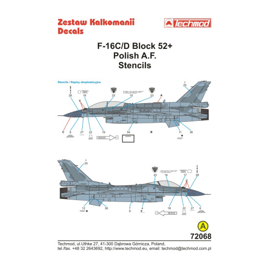 Techmod 72068 1/72 F-16 C/D Block 52 Polish A.f. Stencils Aircraft Wet Decal