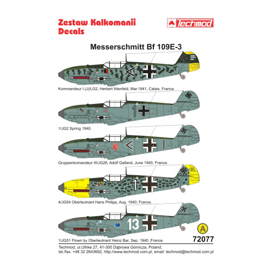 Techmod 72077 1/72 Messerschmitt Bf 109e-3 1940-1941 Aircraft Wet Decal Wwii