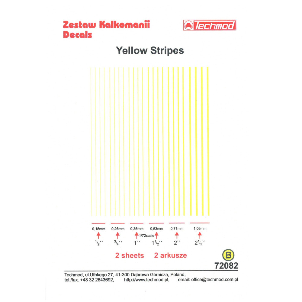 Mサイズ専用 Techmod 72082 1/72 Yellow Stripes In Different Sizes Wet
