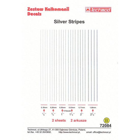 Techmod 72084 1/72 Silver Stripes In Different Sizes Aircraft Wet Decal