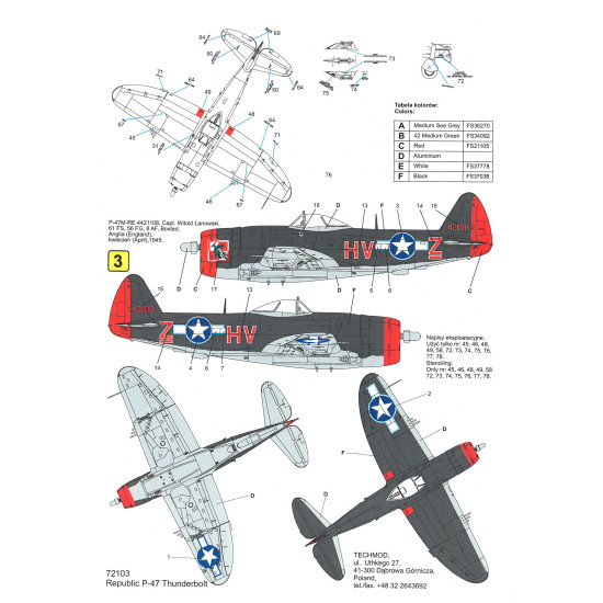 Techmod 72103 1/72 Republic P-47 D/M Thunderbolt 1944-45 Aircraft Wet Decal Wwii