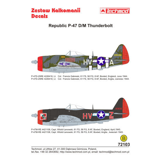 Techmod 72103 1/72 Republic P-47 D/M Thunderbolt 1944-45 Aircraft Wet Decal Wwii