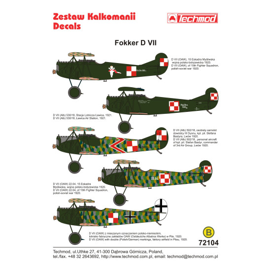 Techmod 72104 1/72 Fokker D Vii 1920 -1921 Aircraft Wet Decal Polish-soviet War