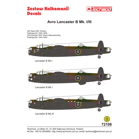 Techmod 72106 1/72 Avro Lancaster B Mk. I/Iii 1944-45 Polish Aircraft Wet Decal