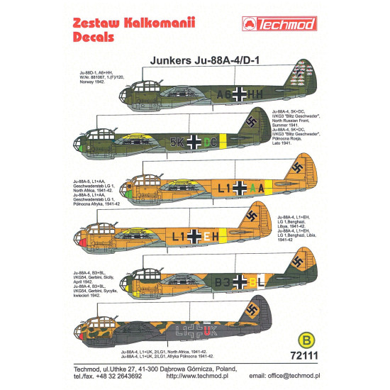 Techmod 72111 1/72 Junkers Ju-88a-4/D-1 1941-1942 Aircraft Wet Decal Wwii