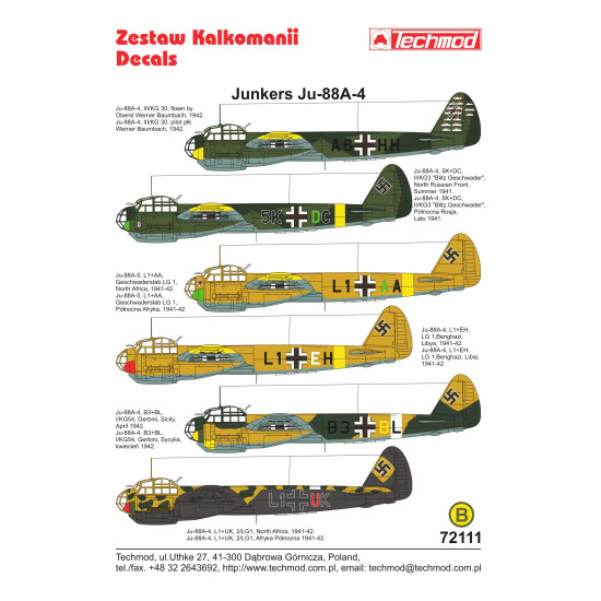 Techmod 72111 1/72 Junkers Ju-88a-4/D-1 1941-1942 Aircraft Wet Decal Wwii