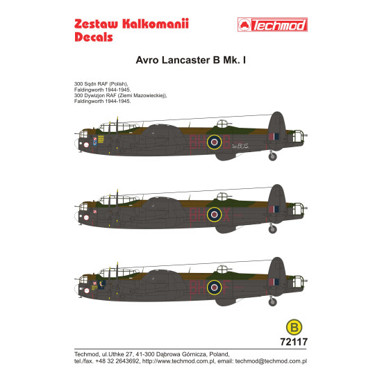 Techmod 72117 1/72 Avro Lancaster B Mk.i 1944-45 Polish Aircraft Wet Decal Wwii