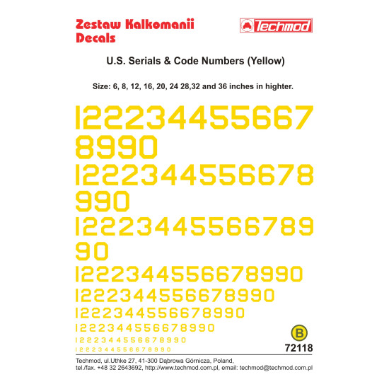 Techmod 72118 1/72 U.s. Serials And Code Numbers Yellow Aircraft Wet Decal