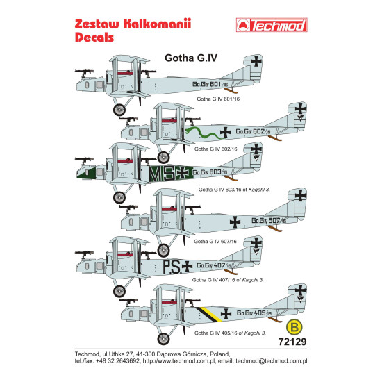 Techmod 72129 1/72 Gotha G Iv German Heavy Bomber Aircraft Wet Decal Wwi