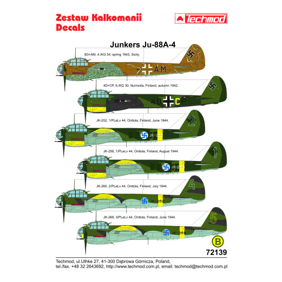 Techmod 72139 1/72 Junkers Ju-88a-4 1942-1944 Finland Sicily Aircraft Wet Decal