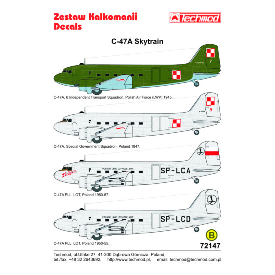 Techmod 72147 1/72 C-47a Skytrain Polish Lot Aircraft Wet Decal