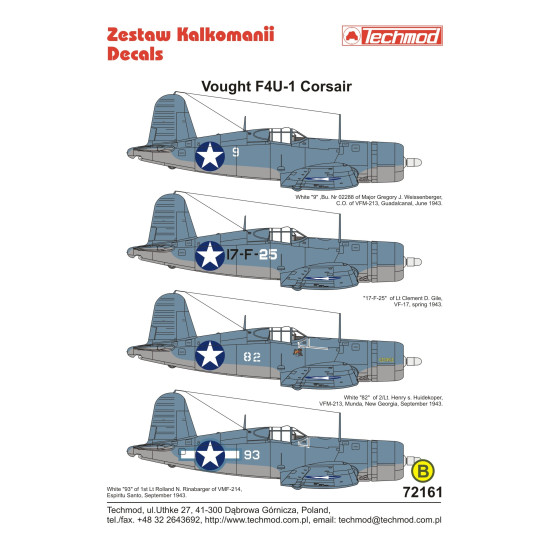 Techmod 72161 1/72 Vought Corsair F4u-1 Birdcage Us Bomber Wet Decal 1943