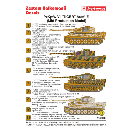 Techmod 72806 1/72 Pz Kpfw Vi Tiger Ausf E Tank Mid Production Wet Decal 1944