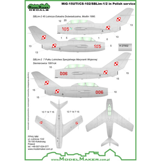 ModelMaker 1/48 D48024 MiG-15UTI/CS-102/SBLim-1/2 Polish service Aircraft Decal