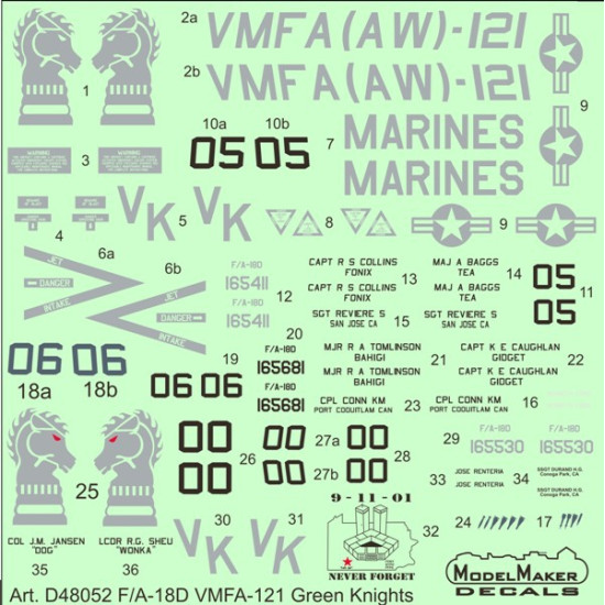 ModelMaker 1/48 D48052 F/A-18D VMFA-121 Green Knights Aircraft Decal
