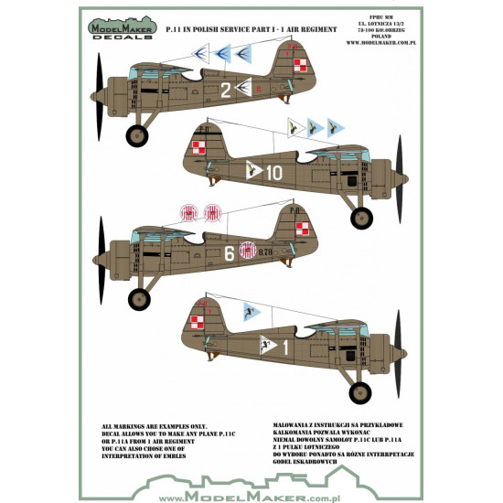 ModelMaker 1/48 D48121 PZL P.11 IN POLISH SERVICE PART I Aircraft Decal