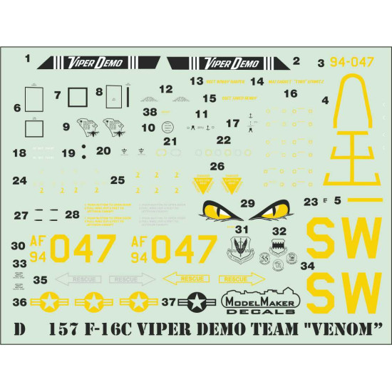 ModelMaker 1/48 D48157 F-16C Viper Demo Team "Venom” Aircraft Decal ModelMaker 1/48 D48157 F-16C Viper Demo Team "Venom” Aircraft Decal