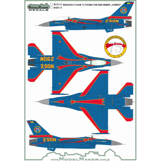 ModelMaker 1/48 D48171 Belgian F-16AM 75 Years 2ND Squadron Comet Aircraft Decal