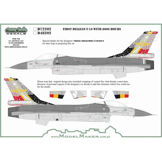 ModelMaker 1/48 D48202 First Belgian F-16 with 8000 hours Aircraft Decal ModelMaker 1/48 D48202 First Belgian F-16 with 8000 hours Aircraft Decal