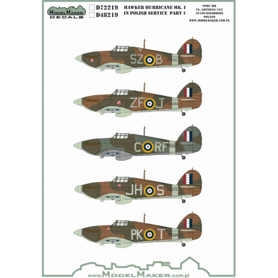 ModelMaker 1/48 D48219 Hawker Hurricane Mk.I in Polish service part 1 Decal ModelMaker 1/48 D48219 Hawker Hurricane Mk.I in Polish service part 1 Decal