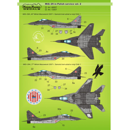 ModelMaker 1/72 D72007 MiG-29 in Polish service vol.2 Aircraft Decal ModelMaker 1/72 D72007 MiG-29 in Polish service vol.2 Aircraft Decal