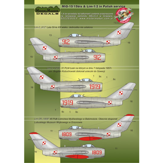 ModelMaker 1/72 D72023 MiG-15/15bis and Lim-1/2 in Polish service Aircraft Decal ModelMaker 1/72 D72023 MiG-15/15bis and Lim-1/2 in Polish service Aircraft Decal