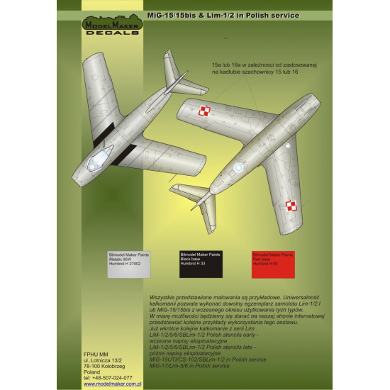 ModelMaker 1/72 D72023 MiG-15/15bis and Lim-1/2 in Polish service Aircraft Decal ModelMaker 1/72 D72023 MiG-15/15bis and Lim-1/2 in Polish service Aircraft Decal