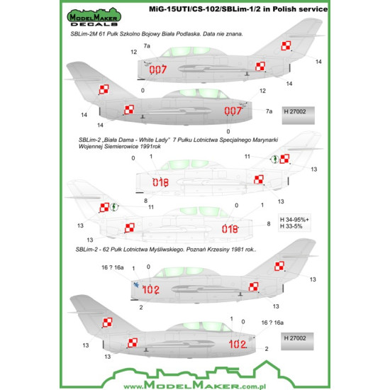 ModelMaker 1/72 D72024 MiG-15UTI/CS-102/SBLim-1/2 Polish service Aircraft Decal ModelMaker 1/72 D72024 MiG-15UTI/CS-102/SBLim-1/2 Polish service Aircraft Decal