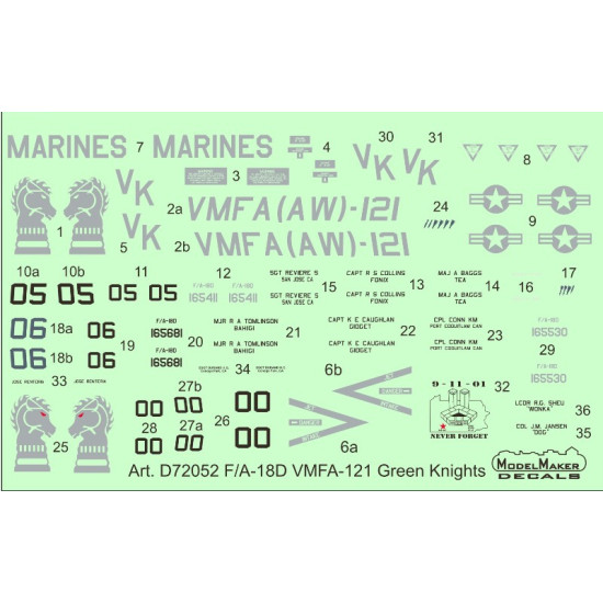 ModelMaker 1/72 D72052 F/A-18D VMFA-121 Green Knights Aircraft Decal ModelMaker 1/72 D72052 F/A-18D VMFA-121 Green Knights Aircraft Decal